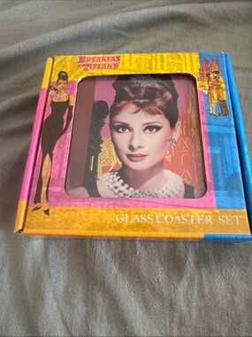 Audrey Hepburn Breakfast at Tiffanys glass coaster set of 4 different images.